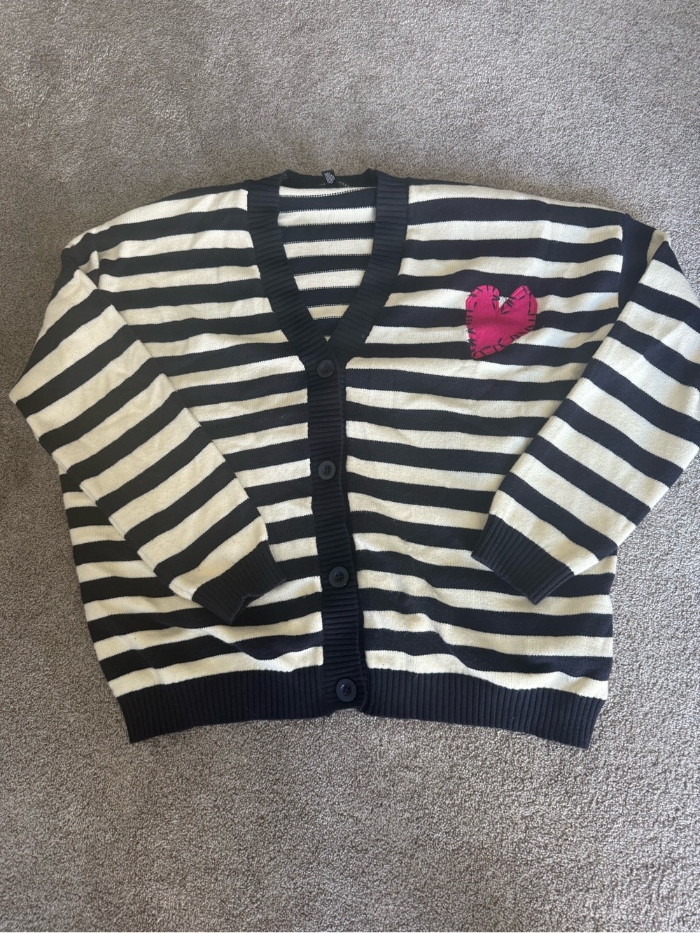Aqua Black & Cream Striped Cardigan with Pink Heart Patch